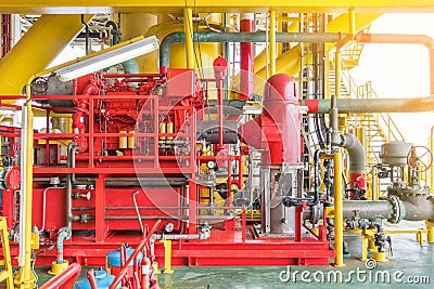 Diesel engine fire water pump at offshore oil and gas construction platform. Stock Photo