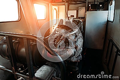 Diesel engine inside the train locomotive Stock Photo
