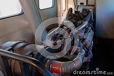 Diesel engine inside the train locomotive Stock Photo