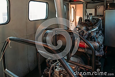 Diesel engine inside the train locomotive Stock Photo