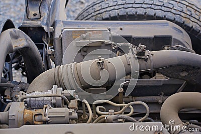 Diesel engines , spare parts inside trucks and special equipment from Japan close up Stock Photo