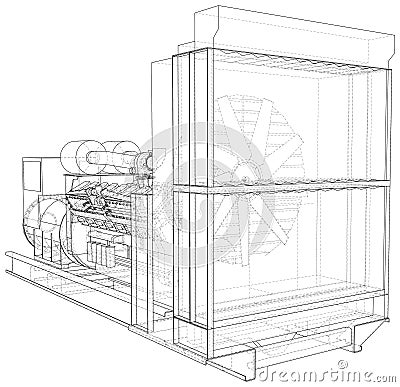Diesel generator. The layers of visible and invisible lines are separated. EPS10 format. Wire-frame Vector Illustration