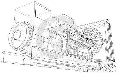 Diesel generator unit for factory. The layers of visible and invisible lines are separated. Wire-frame outline Vector Illustration