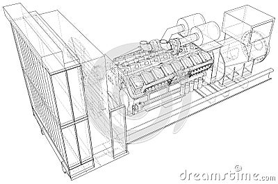 Diesel generator unit for factory. The layers of visible and invisible lines are separated. Wire-frame outline Vector Illustration