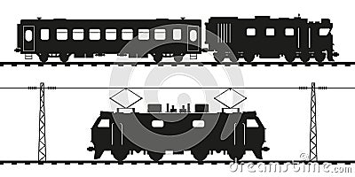 Diesel locomotive, passenger carriage and electric locomotive Vector Illustration