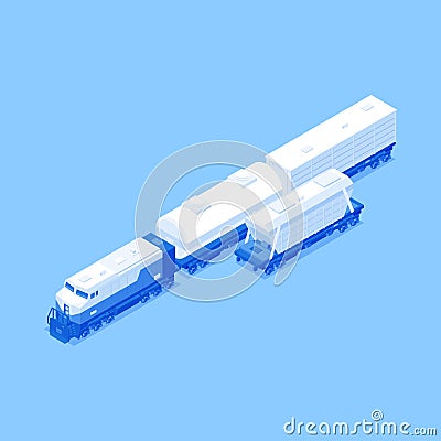 Diesel locomotive wagons baggage van, industrial, refrigerator, tanker cistern isometric vector Vector Illustration