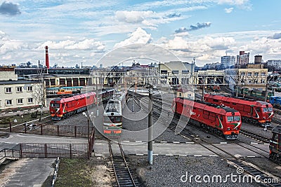 Diesel locomotives in the locomotive depot of the railway Editorial Stock Photo