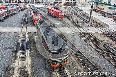 Diesel locomotives TEP60-0749 and TEP 70 BS in the locomotive de Editorial Stock Photo