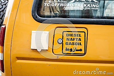 Diesel, Nafta Gasoil and arabic script detail on the gas tank Editorial Stock Photo