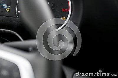 Diesel particulate filtr warning light lit on car dashboard. Light lorry with faulty DPF filter Stock Photo