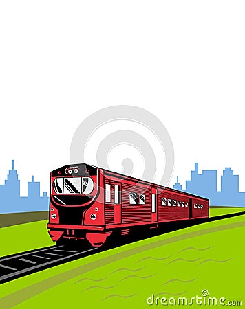 Diesel Passenger Train on Railroad Track with Cityscape Isolated Retro Vector Illustration