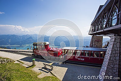 Diesel train railway going to Schafberg Peak (1783m) in St. Wolfgang. Editorial Stock Photo