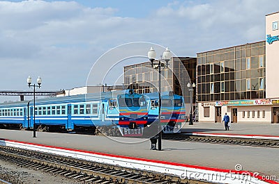 Diesel trains on the ways of train station in Mogilev, Belarus Editorial Stock Photo