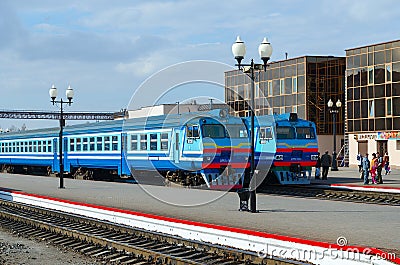 Diesel trains on ways of train station, Mogilev, Belarus Editorial Stock Photo
