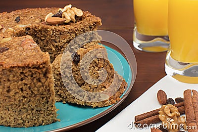 Diet banana cake in a wood breakfats table Stock Photo