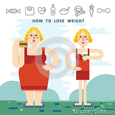 Diet. Choice of girls: being fat or slim. Healthy lifestyle and bad habits. Vector flat illustrations Vector Illustration