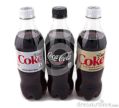 Diet Coke, Coke Zero and Caffeine Free Coke Editorial Stock Photo