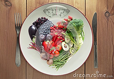 Diet concept heart shape fruit and vegetables Stock Photo