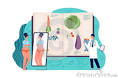 Diet concept. Weight loss with doctor, medical nutrition. Obesity depression, sad overweight woman. Healthy lifestyle Vector Illustration