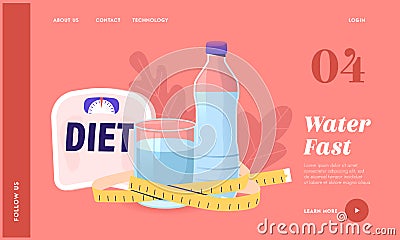 Diet, Drink Water, Weight Loss Landing Page Template. Water Glass and Bottle Wrapped with Measuring Tape and Scales Vector Illustration