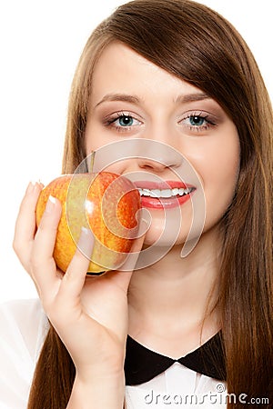 Diet. Girl offering apple seasonal fruit. Stock Photo