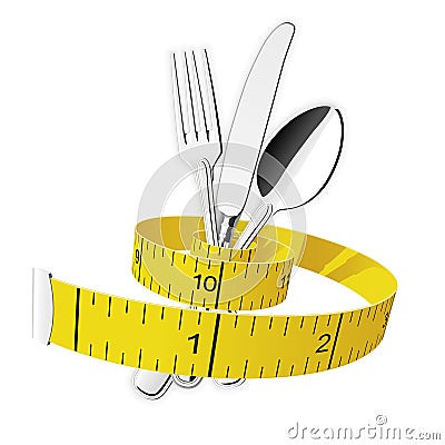 Diet and lose weight - measuring tape tighten fork, spoon and knife Vector Illustration