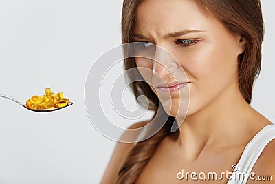 Diet. Nutrition. Vitamins. Healthy Eating. Woman With Fish Oil O Stock Photo