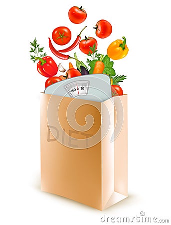 Diet paper bag with a scale and vegetables. Vector Illustration