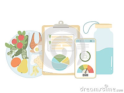 Diet plan for change life. BMI and weight control application. Body mass index and counting calories, water bottle and healthy Vector Illustration