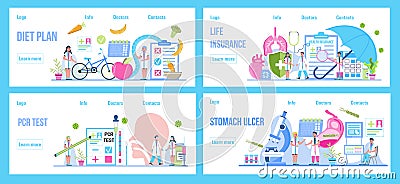 Diet plan, life insurance, pcr test, stomach ucler concept vector set for medical website, landing pages. Life, healthcare Vector Illustration