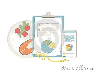 Diet plan. Nutrient counting checklist program. Healthy food meal tracking concept. Weight loss control. Vector flat illustration Vector Illustration