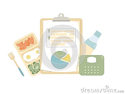 Diet plan program. Nutrient calories counting and ratio of protein, carbohydrates and fat. Healthy lifestyle tracking planer. Vector Illustration