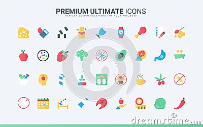 Nutrition trendy flat icons set, diet and sport in gym to slim, detox with healthy menu Vector Illustration