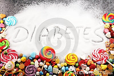 Diet and weight loss, denial of sweet. diabetes text with concept. Sugar description in black. sweets. Diabetes problems, harm Stock Photo