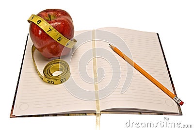 Diet Or Weight Loss Journal With Apple And Measuring Tape Stock Photo