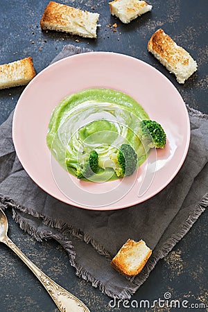 Dietary broccoli soup with croutons. The concept of healthy eating. Stock Photo