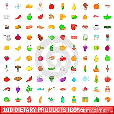 100 dietary products icons set, cartoon style Vector Illustration