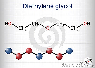 Diethylene glycol, DEG molecule. It is diol, solvent. Structural chemical formula and molecule model. Sheet of paper in a cage Vector Illustration