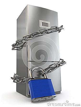 Dieting concept. Refrigerator, chain and lock. Stock Photo