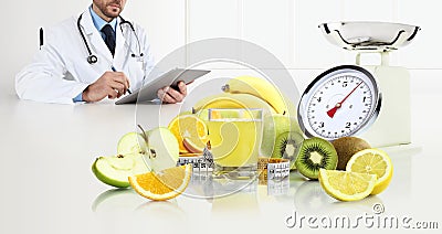 Dietitian nutritionist doctor prescribes prescription by consulting the digital tablet sitting at the desk office with fruits, Stock Photo