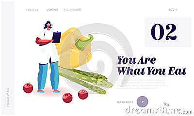 Dietology Science and Healthy Nutrition Website Landing Page. Female Doctor in White Robe Nutritionist Stand Vector Illustration