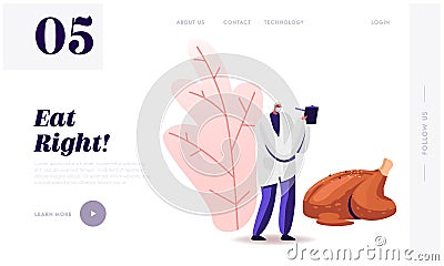 Dietology Science, Healthy Nutrition Website Landing Page. Male Senior Doctor Nutritionist Wearing White Robe Vector Illustration