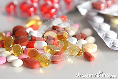 Diferent Tablets pills capsule heap mix therapy drugs doctor flu antibiotic pharmacy medicine medical Stock Photo