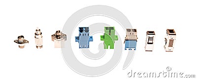 Diferent types of optical fiber connectors Stock Photo