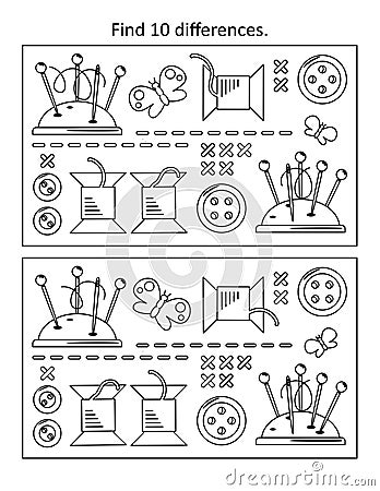 Difference game with sewing items Vector Illustration