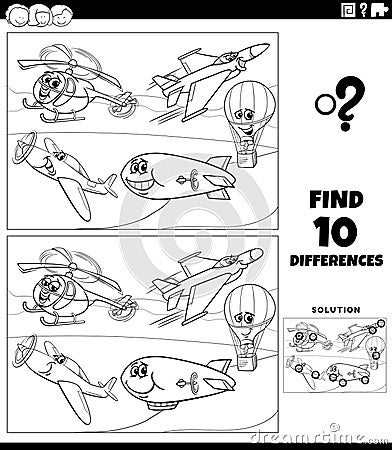 differences activity with flying vehicles characters coloring page Vector Illustration