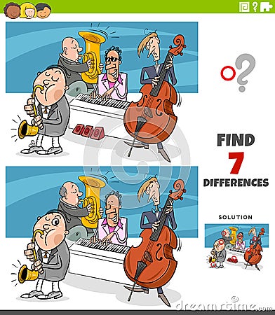 Differences educational game with jazz band musicians Vector Illustration