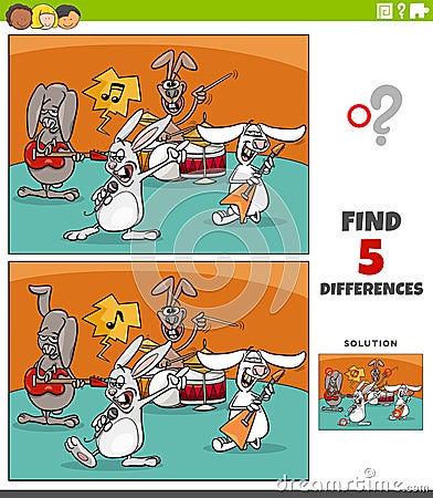 Differences educational task for kids with cartoon rabbits rock music band Vector Illustration