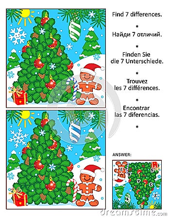 Differences game with christmas tree and gingerbread man. Answer included. Stock Photo