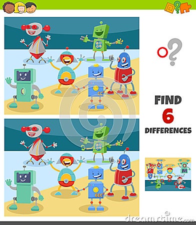 Differences game with fantasy robots characters Vector Illustration